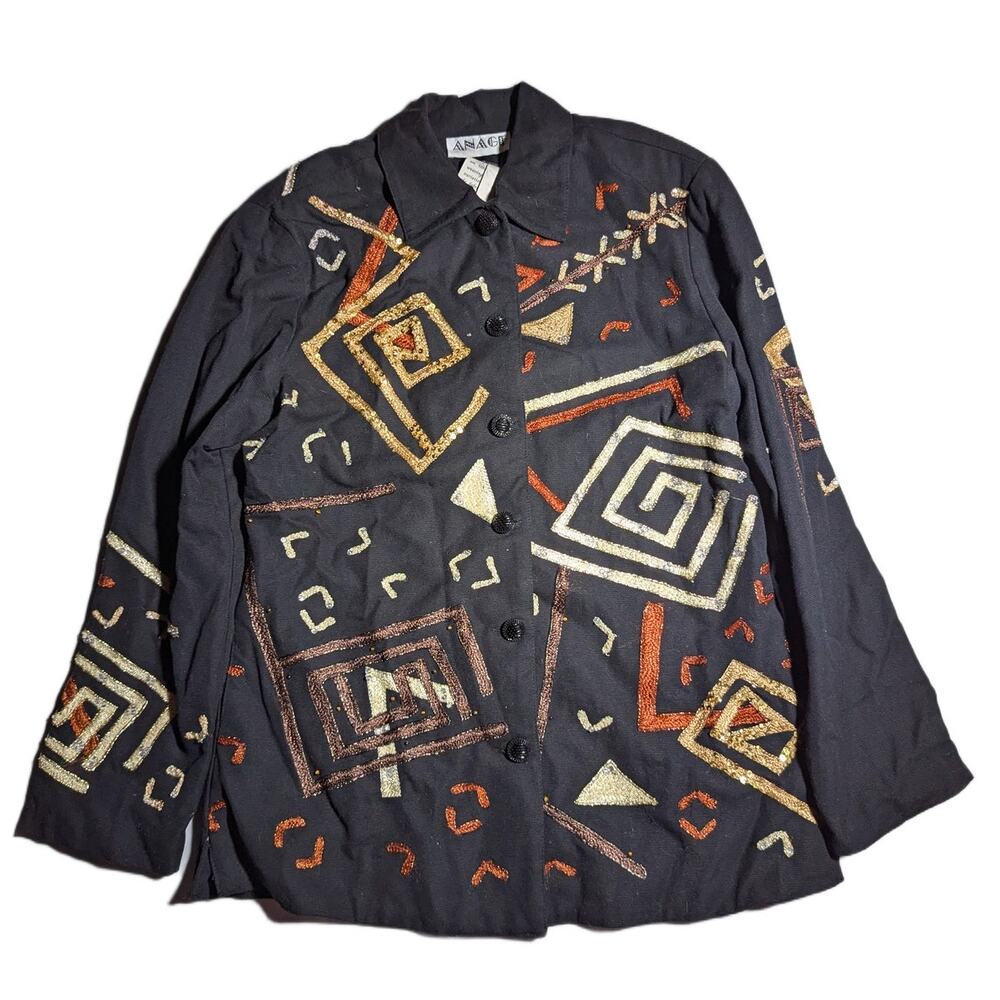 Vtg 1990s Anage Black Tribal Geometric Embroidered Button Up Jacket Sz M NWT